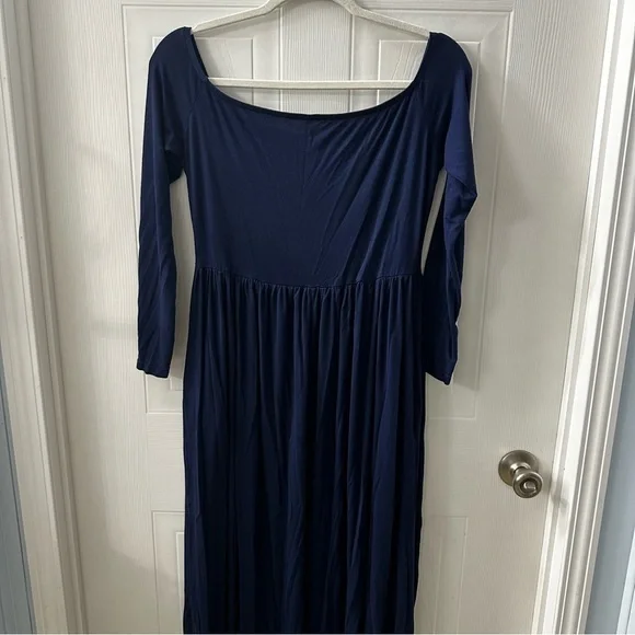 Stretchy Navy Off Shoulder Long Sleeve Maxi Dress Maternity Friendly Size L - Picture 5 of 10
